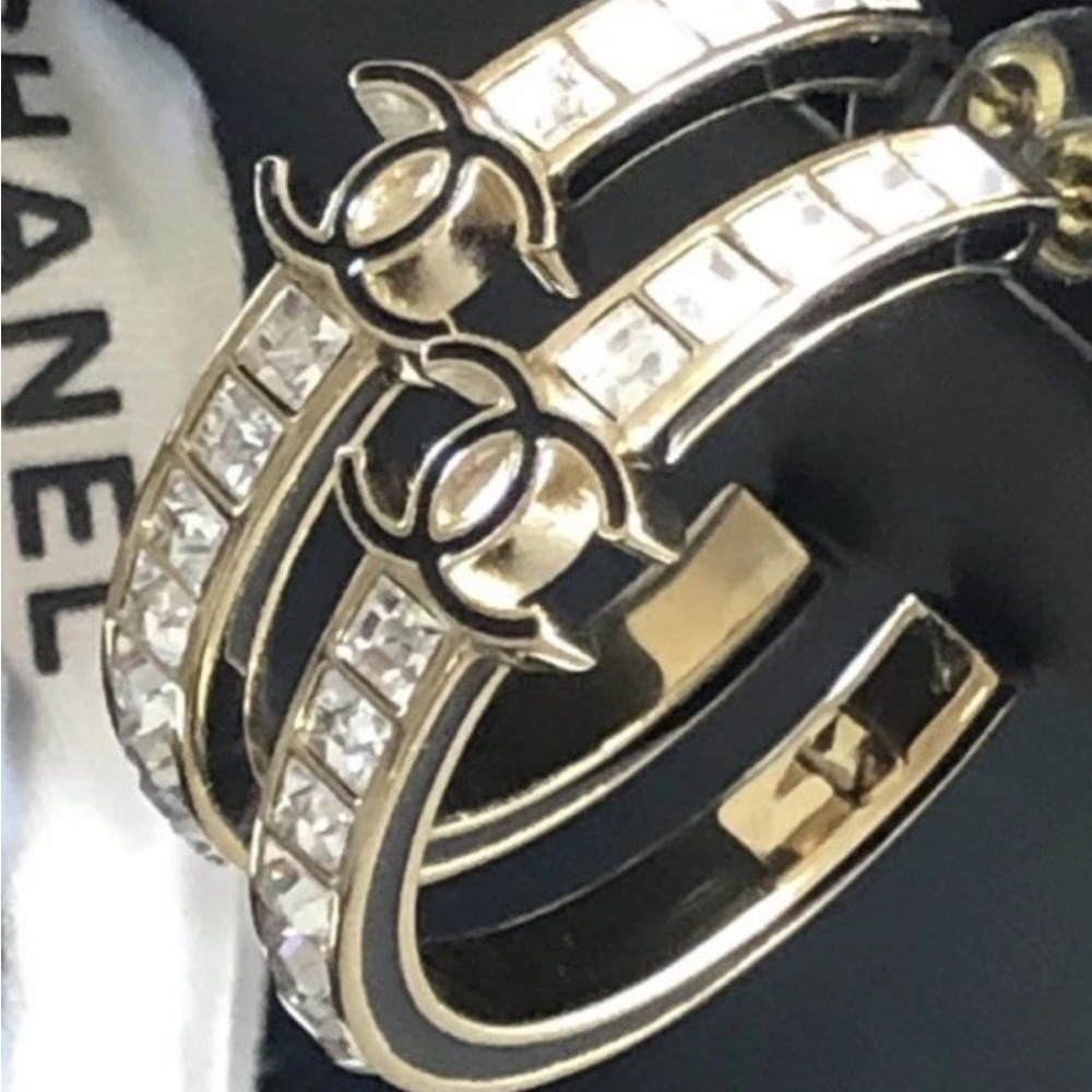 CHANEL Gold Crystal CC Hoop Earrings
